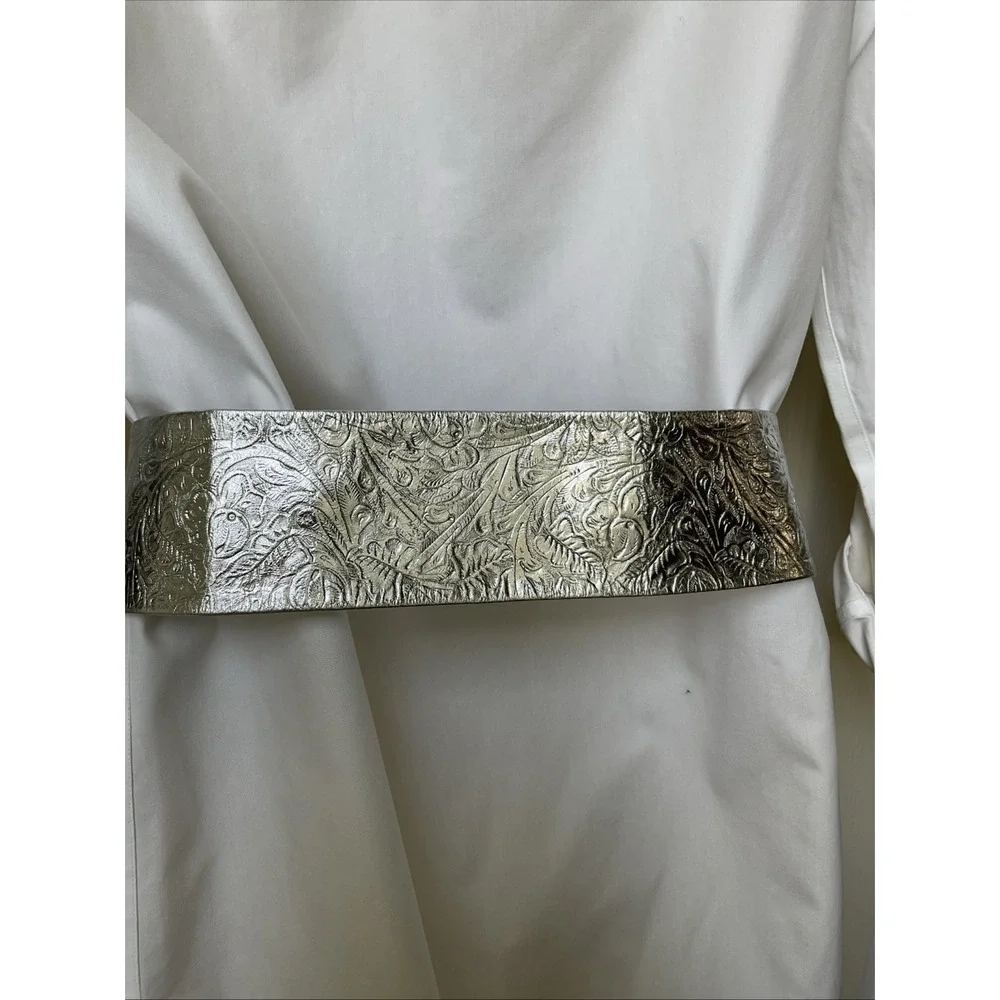 Nina Arjani Leatherlock Metallic Silver Leather Belt Crossover Statement Belt